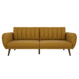 Mustard Linen Upholstered Futon Sofa Bed with Mid-Century Style Wooden Legs