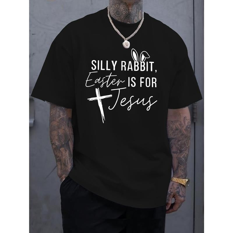 Men's Casual Crew Neck T-Shirt, Cotton Blend (95% Cotton, 5% Elastane), Knit Fabric, Regular Fit, with "Silly Rabbit Easter is for Jesus" Print, for Summer Tee Made in USA