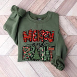 Merry and Bright Sweater, Christmas Tree Merry Bright Green and Red Patterns Unisex Cotton Sweatshirt
