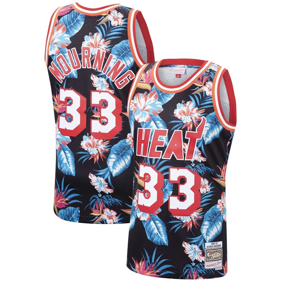 Miami Heat #33 Alonzo Mourning Mitchell & Ness Floral Fashion 1996-97 Hardwood Classics Swingman Jersey – Black