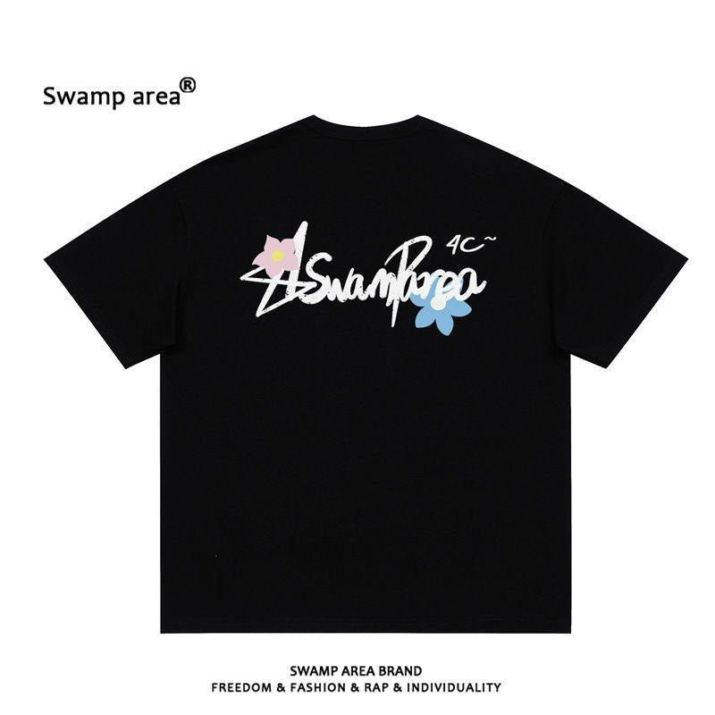 Minimalist Cover-Up Floral Print English Signature American Style Short Sleeve T-Shirt for Men, Crew Neck, Loose Fit, Drop Shoulder, Couple's Top