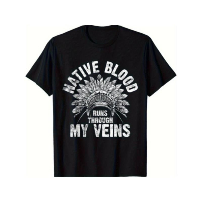 Native American Blood Pride T-Shirt, 100% Cotton Crew Neck Loose Fit Tee with Animal Applique, Casual Knit Fabric Vintage Style Top Made in USA