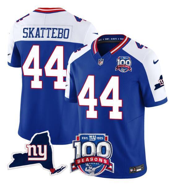 New York Giants #44 Cam Skattebo Royal White 2025 Draft F.U.S.E. 100th Season & State