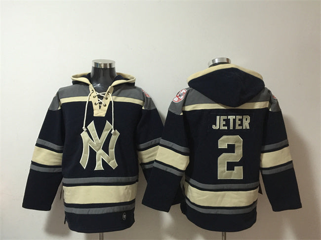 New York Yankees #2 Derek Jeter Navy Ageless Must-Have Lace-Up Pullover Hoodie