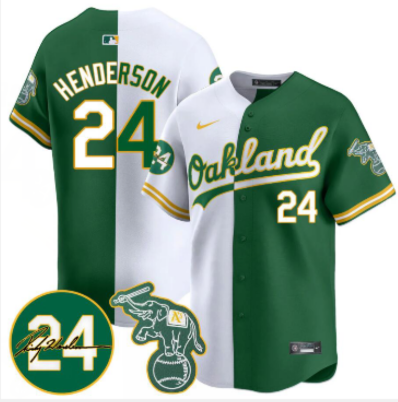 Oakland Athletics #24 Rickey Henderson Athletics Split Adult Style 2