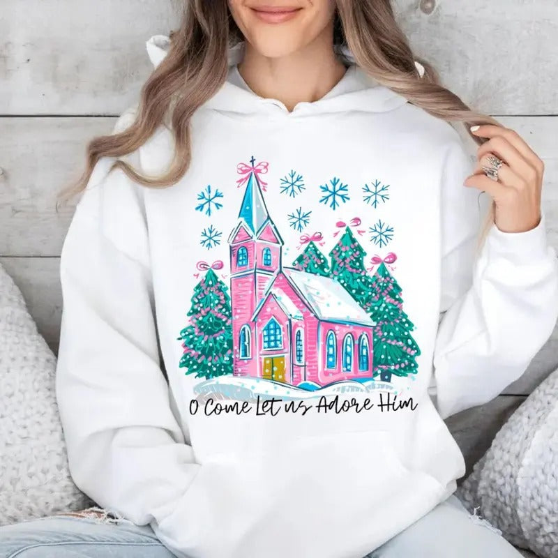 Oh Come Let Us Adore Him Sweatshirt, Jesus Christmas Shirt, Christian, Watercolor Christmas Hoodie, Unisex Sweater Pullover Tee Cotton Polyester Fit