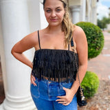 On Your Radar Black Metallic Fringe Top