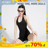 PUMIEY Jumpsuits for Women Halter Backless Workout Romper Seamless Unitard Overalls Comfort Sleeveless Womenswear