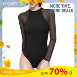 PUMIEY Mesh Long Sleeve Bodysuit for Women Crew Neck Body Suits Sexy Sheer Tops Womenswear Underwear Minimalist Round Neck bodysuit  chanclas candice  swanepoel