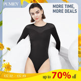 PUMIEY Sexy Mesh Bodysuit  Women Crew Neck Long Sleeve Body Suits Womenswear Tops Minimalist Lady Comfort Longsleeves Basic bodysuit  chanclas