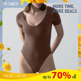 PUMIEY Women's V Neck Short Sleeve Bodysuit Sexy Tops Slim-fitting Plain candice  swanepoel