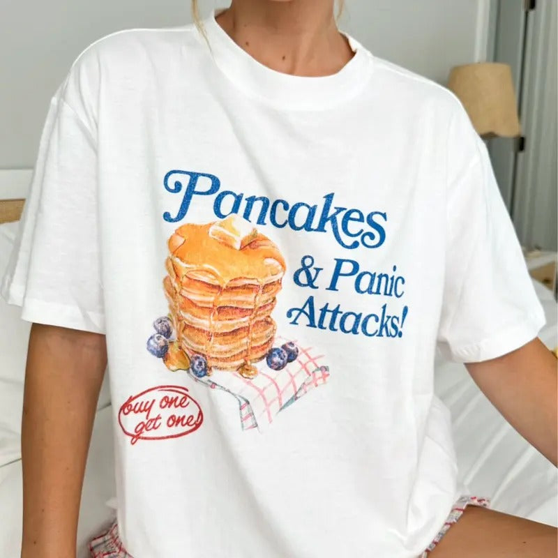 Pancakes & Panic Attacks T-Shirt, Unisex Short Sleeve, Funny Shirt, Cute Tee, Gift for Women, Gift for Friend, Gift for Men, Top Womenswear, Lady
