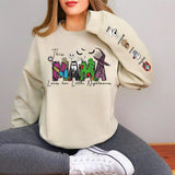 Personalized Spooky Mama Sweatshirt - Custom Halloween Characters & Kids' Names on Sleeve - This Mama Loves Her Nightmares Crewneck Sweatshirt