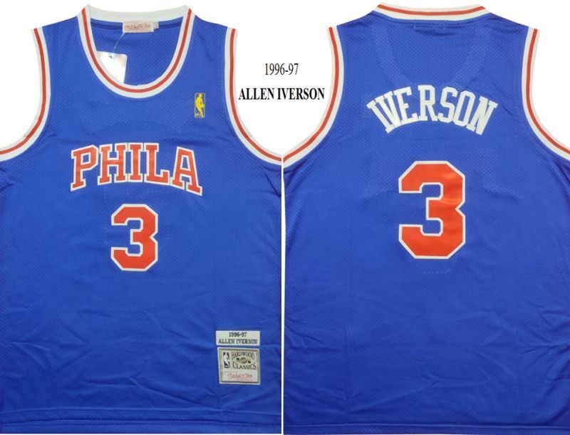 Philadelphia 76ers #3 Allen Iverson 76 Iverson 1996-97 Blue Gold Logo Classic Premium Mesh Jersey Style 7