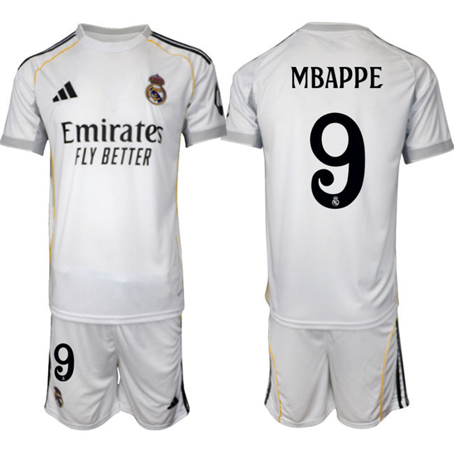 Real Madrid #9 Kylian Mbappé 25 26 White Home Soccer Jersey Suit