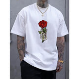 Rose Pattern Print Men's New Round Crew Neck Short Sleeve Tee, Fashion T-Shirt, Comfy Breathable Casual Sports Top For Spring Summer Holiday Leisure Vacation Made in USA