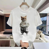 Round Neck Short Sleeve Cartoon Cat Print T-Shirt Men's Trendy Casual Loose Top