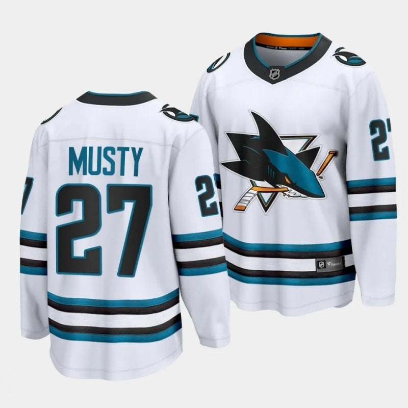San Jose Sharks #27 quentin musty away white 2023 nhl draft