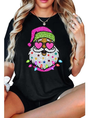 Santa with sunglasses printed sparkle effect tshirt Cotton