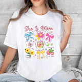 She Is Mom Coquette Bow Christian Mom Mother's Day Tee Pure Cotton Casual Street Style Crew Neck Short Sleeve T-Shirt Tops Trendy For Women For Men, Perfect Gift