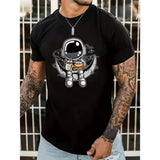 Space Explorer Cartoon Astronaut Men's Tee - Stretchy, Breathable Summer Casual Wear with Comfort Fit Made in USA