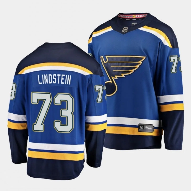 St. Louis Blues #73 theo lindstein blues home blue jersey 2023 nhl draft