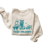Stay Trashy Funny Meme Graphic T-Shirt, Retro  Raccoon Sweatshirt, Vintage Raccoon Opossum Skunk Shirt Casual Cotton Crewneck Long Sleeve Fitted Hoodie
