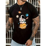 Stylish Cartoon Astronaut & Planet Graphic Tee - Men's Casual Street Style Stretch Round Neck T-Shirt for Summer - Breathable, Soft, and Comfortable Wear Made In USA