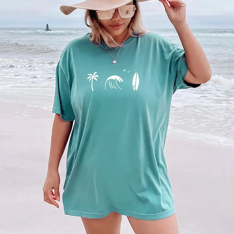 Surfing Ocean Palm Tree Sun Comfort Colors T Shirt, Beach Bum T-shirt, Surf Board Ocean Tee Summer Shirt Soft Traditional Cotton Top Womenswear Collar Fabric Garment