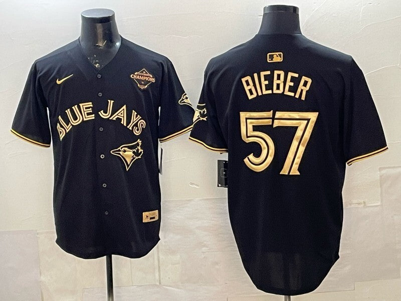 Toronto Blue Jays #57 Shane Bieber Blue Jays Retro 5 Gold Text