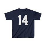 Trendy Navy Blue Baby Tee with Number 14, Perfect for Women Collar Fit