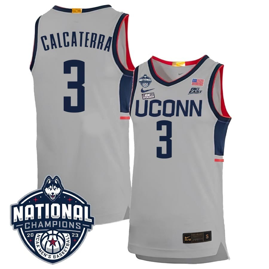 UConn Huskies #3 Joey Calcaterra 2023 National Champions College Basketball Limited Jersey – Gray