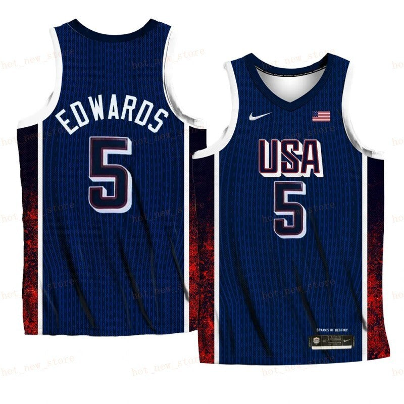 USA Team #5 Anthony Edwards 2024 Paris Olympics Navy Home