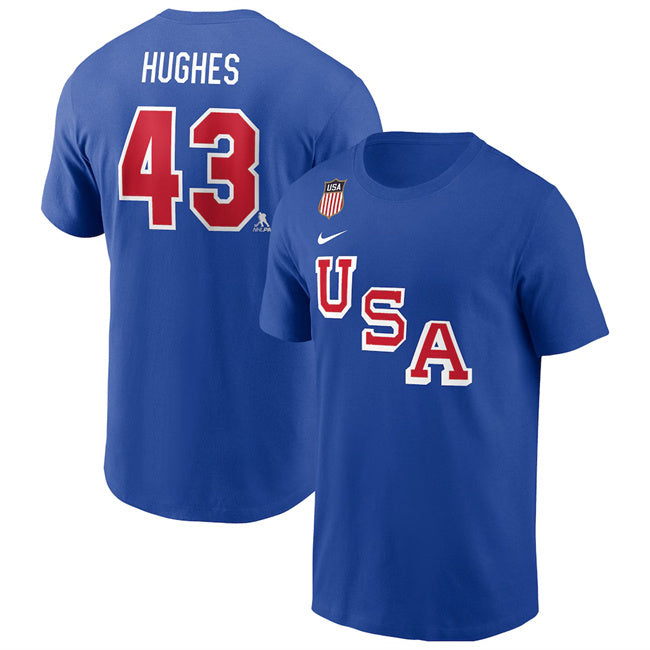 US Hockey #43 Quinn Hughes Royal 2026 Name & Number T-Shirt