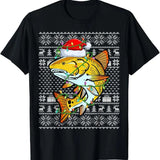 Ugly Sweater Style Xmas Lights Santa Redfish Christmas T-Shirt