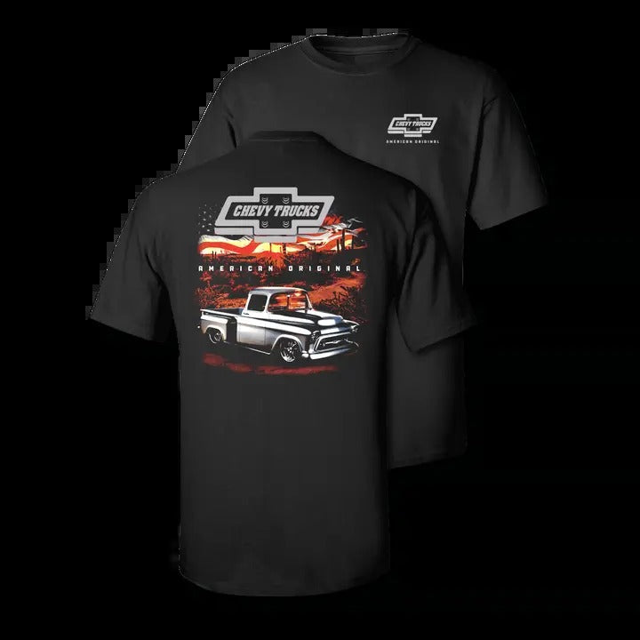 Vintage Chevy Trucks Desert Sunset Cotton T-Shirt - Short Sleeve Crewneck Casual Graphic Top for Fans shirts  men