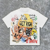 Vintage Get Rich Abstract Portrait Graphics Cotton T-Shirt Casual Oversized Y2k Streetwear Top Tee for Men Women