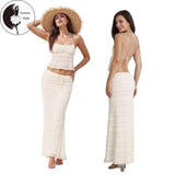Women 2-Piece Summer Outfits Solid Color Backless Halter Tops and Drawstring Skirt Set for Streetwear Aesthetic Clothes