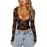 Women Floral Lace Tops Low Cut Sheer Long Sleeve Pullovers Fitted Crop Shirt with Bra Summer Streetwear Clubwear Polyester Womenswear