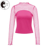 Women Long Sleeve T-Shirts Swiss Dot Mesh Patchwork Mock Neck Casual Shirts Spring FallFit Tops Streetwear