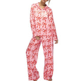 Women Pajama Set, Bow Print Long Sleeve Button-down Shirt with Pants Sleepwear Loungewear