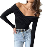 Women Solid Color Short T-Shirts Front Cross V-Neck Long Sleeve Off Shoulder Shirts Spring Fall Slim Fit Tops Streetwear Spandex Womenswear