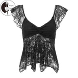 Women Summer Crop Tanks Flying Sleeve V Neck Lace Double Layered Lotus Edge Tops