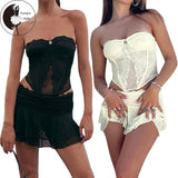 Women Tops Skirt Suit, Sleeveless Sling Vest Lace Floral Vest Crop Tops + Wrapped Short Ruffled Skirt