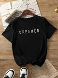 Women's "DREAMER" Letter Print Round Neck Tee, Fashion Casual Crew Neck Short Sleeve T-shirt for Daily Holiday Vacation Outdoor Wear, Ladies Clothes for All Seasons