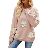 Women's 3D Flower Sweaters Fashion Long Sleeve Crew Neckline Loose Knit Pullover Tops