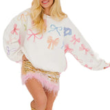 Women's Bow Print Sweatshirt Cute Long Sleeve Round Neck Oversized Casual Pullover Tops