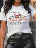 Women's Butterfly & Floral & Letter Print Round Neck Tee, Trendy Casual Short Sleeve T-Shirt for Daily Wear, Ladies Summer Outfit
