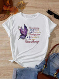 Women's Butterfly & Letter Print Round Neck Tee, Casual Crew Neck Short Sleeve T-shirt, Ladies Summer Outfit for Daily Wear
