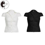 Women's Button Down Shirts Cap Sleeve Lapel Collar Tie BackFit Tops Summer Shirts